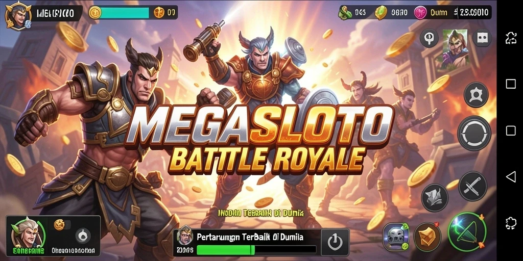 Tangkapan layar utama MEGASLOTO menampilkan aksi pertempuran seru di arena Battle Royale.