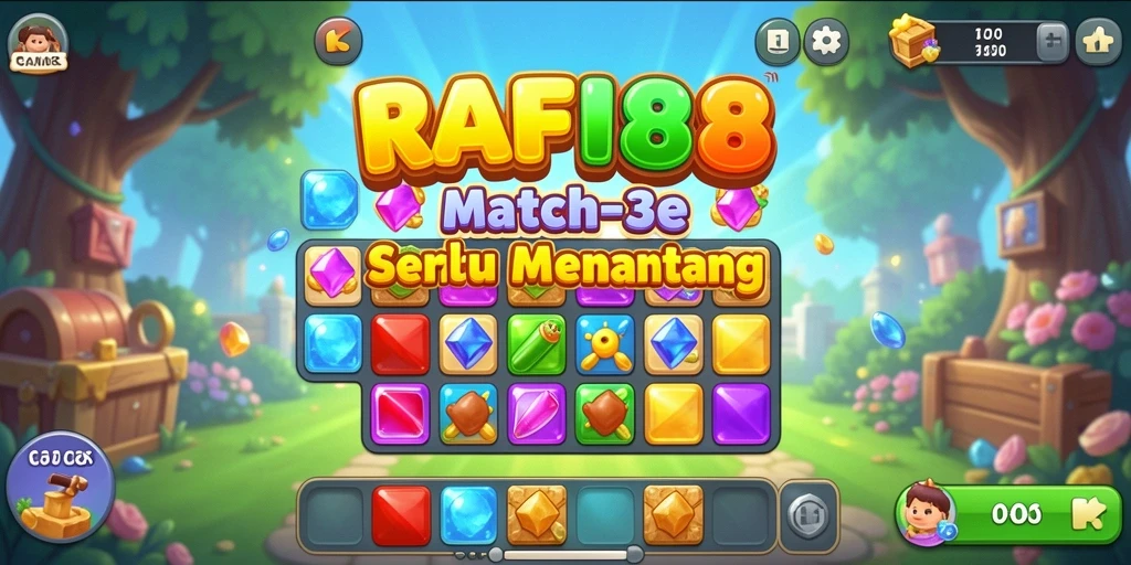 Gameplay seru RAFI88 dengan grafik cerah dan tantangan Match-3.