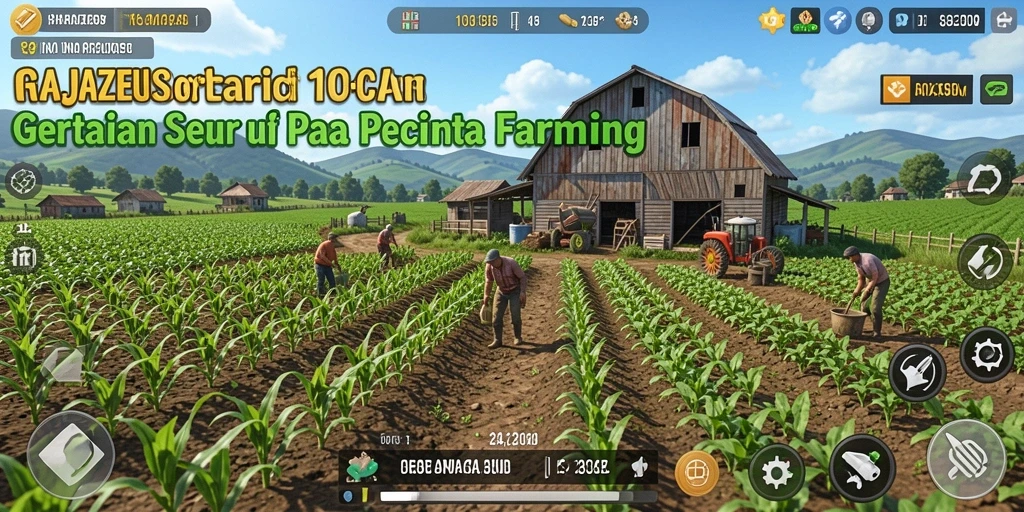 Tampilan gameplay RAJAZEUS dengan suasana pertanian yang cerah.