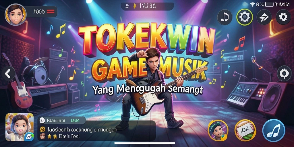 Tangkapan layar utama TOKEKWIN menampilkan pengalaman bermain musik yang penuh semangat.
